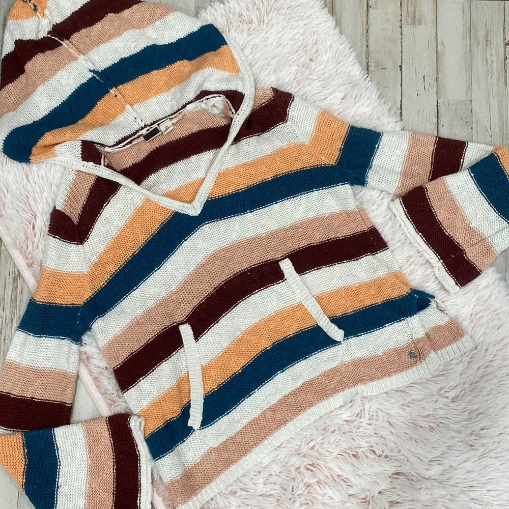 ROXY Striped Surf Hoodie Pocket Sweater Coral Teal M